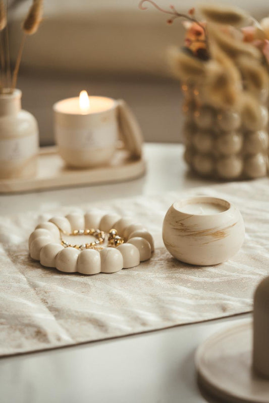 Bubble Tray & Candle Set Marble Beige