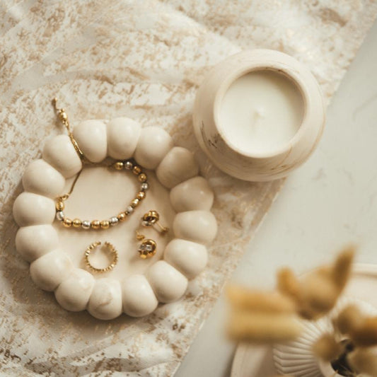 Bubble Tray & Candle Set Marble Beige