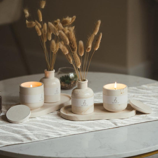 Tray, Vase & Candle Set Marble Beige